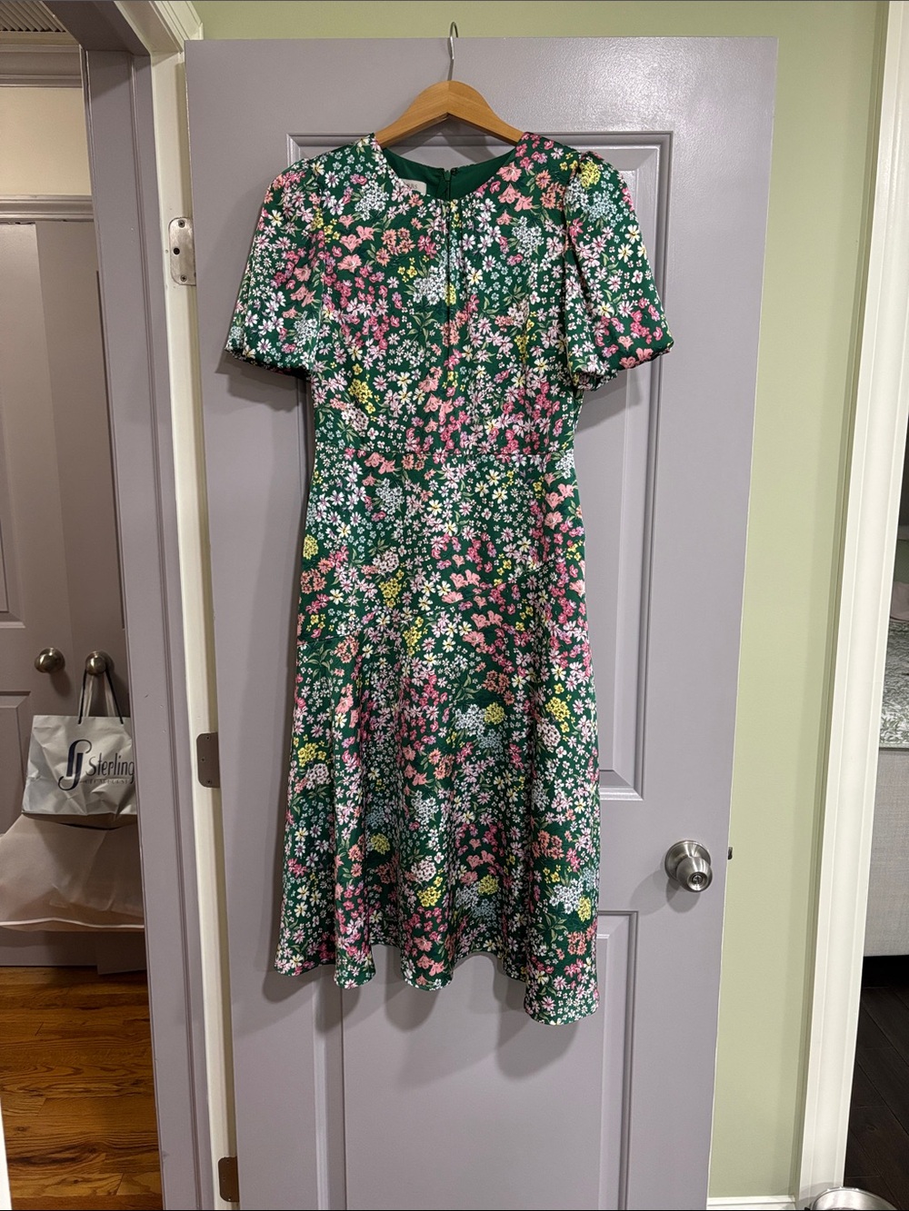 Hobbs London Green Floral Midi Dress with Pink & White Blooms size 6